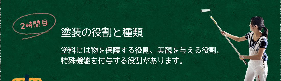 2時間目：塗装の役割と種類｜塗料には物を保護する役割、美観を与える役割、特殊機能を付与する役割があります。